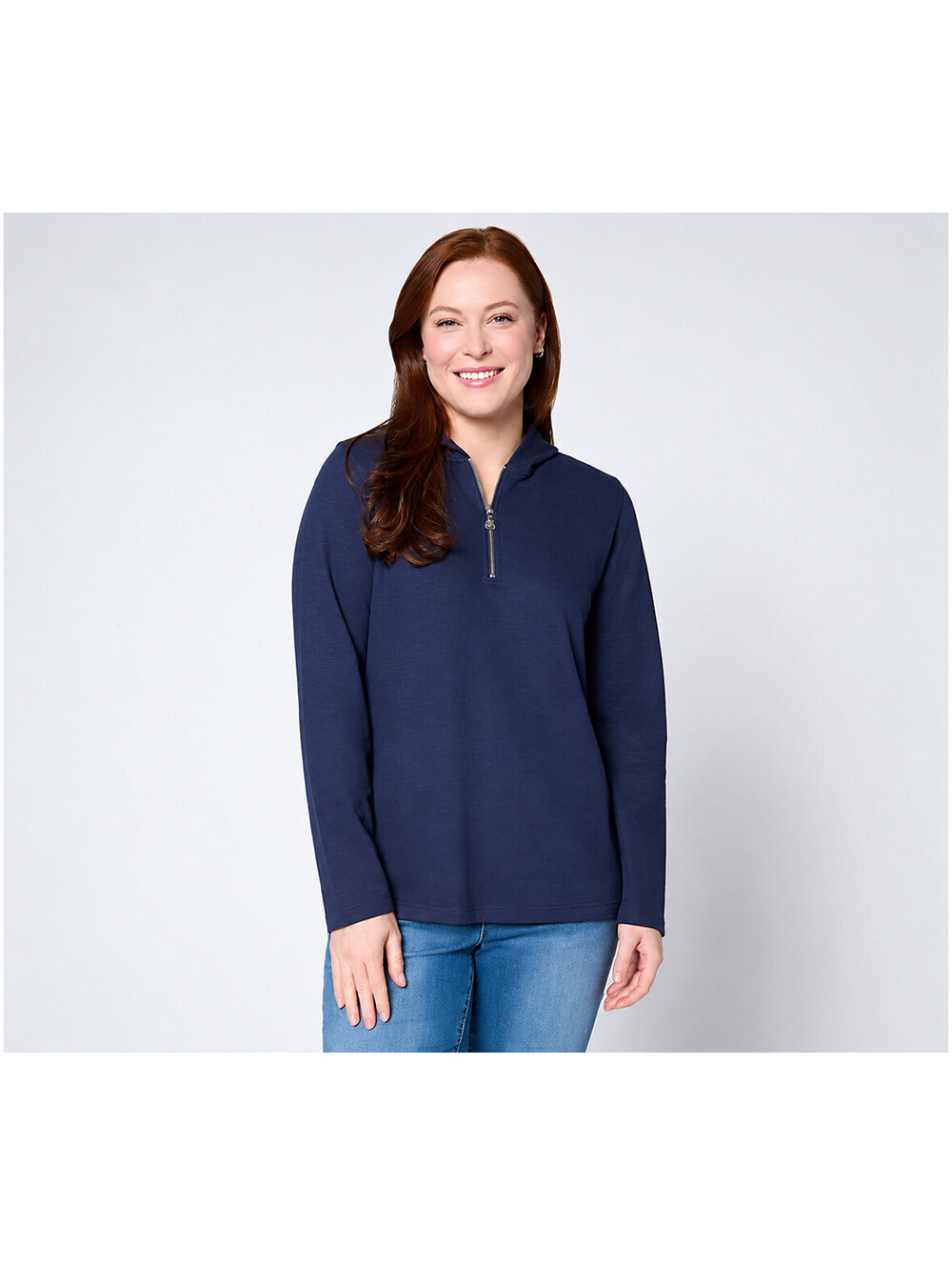 "As Is" Susan Graver Soleil Slub Knit Quarter Zip Hoodie Navy, Medium